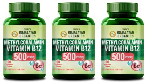 Image of Vlado's Himalayan Organics Vitamin B12 500 MCG Methylcobalamin | 100% RDA Active Form for Memory, Brain, Heart & Immune System Support | Normal Energy Production, High Absorption | 90 Veg Tablets, Pack of 3