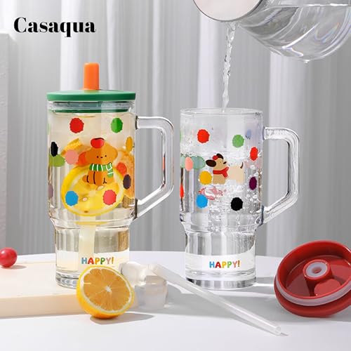 Image of Cute Dog Print Glass Tumbler with Handle, Lid & Straw - 620ml, Set of 1, Glass Sipper Cup for Kids & Adults, Drinking Mug for Water, Juice, Milk, Iced Coffee, Tea, Travel Cup (Random Color)