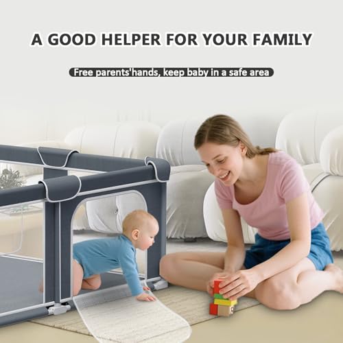 Image of Foldable Playpen for Babies and Toddlers, 59 inchx71 inch Portable Play Yard with Mat, Kids Collapsible Play Pen with Sturdy Metal Frame & Mesh Walls, Indoor & Outdoor Baby Fence Play Area