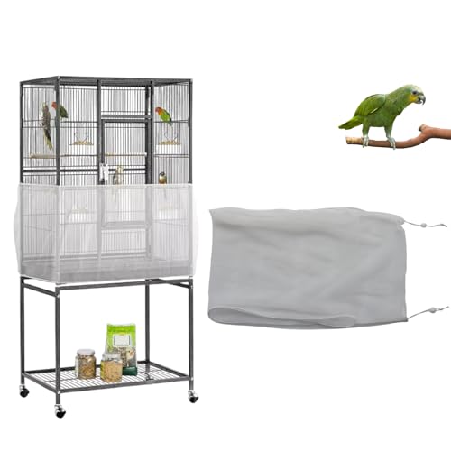 Bird Cage Seed Catcher, Adjustable Bird Cage Skirt, Soft and Airy Mesh Netting Cover for Pets Parrot Parakeet Macaw, Multiple Sizes Colors Fit for Round Square Cages (White, 78.7x15.7 in/200x40 cm)