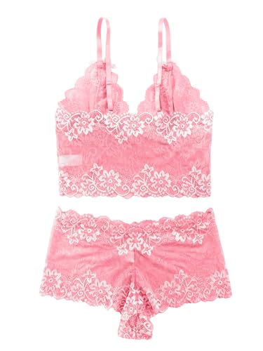 Image of Lilosy Sexy Lingerie for Women Lace Pajamas Set Cami Bra and Panty High Waist Sheer Sleepwear 2 Piece 2XS-6XL