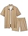 LecGee Mens Leisure Suits 2 Piece Fashion Vertical Textured Shirt And Shorts Matching Set Beach Party Suits(Khaki,Large)