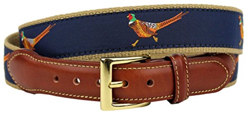 COUNTRY CLUB PREP Pheasant Leather Tab Belt in Navy on Khaki Canvas3