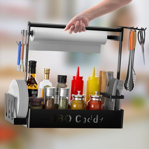 ZDDLOINP Grill-Caddy, BBQ-Caddy mit Papierhandtuchhalter für Teller, Besteck, Picknick, Gewürz-Caddy, mit 4 Haken, Grillutensilien-Caddy für Outdoor-Grillzubehör, Organizer