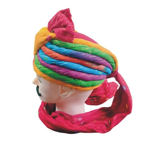 Image of DEHATIBAZAR | Traditional Turban with Tail | Safa with Bow | Red Base with Navy, Green, Orange Stripes | Rajasthani Safa | Provided with rubber ball support and packed in a corrugated box
