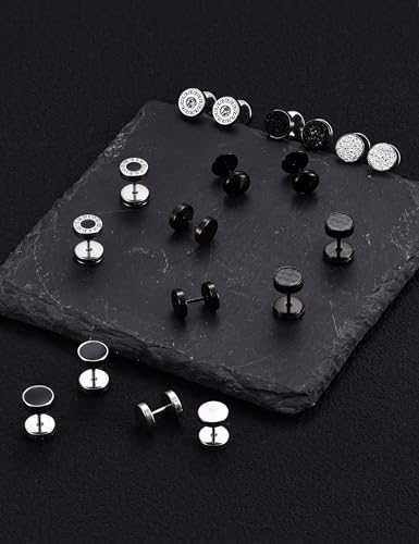 Pendientes oreja tornillo que no se caen con studs estables de acero negro mate y plata de 8mm 7