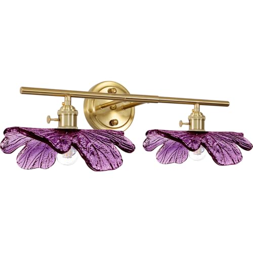 Image of Purple Glass Wall Sconce, 2-Light Gold Bathroom Vanity Lights Over Mirror with Petal Glass Shade, Indoor Art Decor Wall Mount Light for Girl Room Doorway Hallway