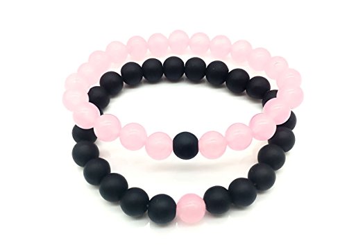 Set of 2 Womens Mens 8mm Handmade Couples Distance Beads Bracelets Friendship Couple Jewelry Round Energy Stone Beads Gemstone Beaded for Valentine Birthday (Pink chalcedony & Black Matte Agate)