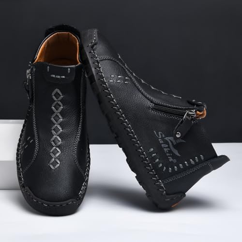 Mens Leather Mid-Top Chukka Ankle Boots with Side Zipper Casual Comfortable Round Toe Flats Non-Slip Loafers for Walking Outdoor Hiking3