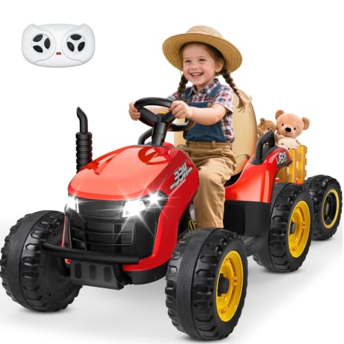 Image of ANPABO 24V Ride On Tractor for Kids w /Detachable Trailer, EVA Tires, Red