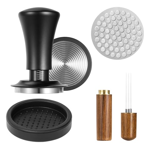 58mm Espresso Tamper Set 4-Piece, Spring Loaded Coffee Tamper with Stainless Steel Base, Puck Screen and Silicone Mat, Fits for 58mm Portafilters, Gifts for Barista Coffee Lovers
