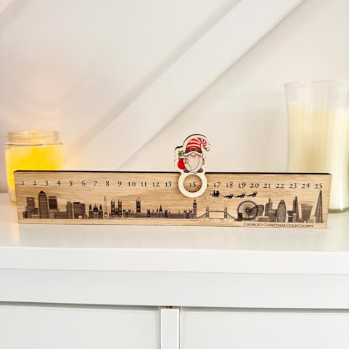Image of Personalised Wooden London Christmas Advent Countdown Slider, Festive Holiday Decoration, Rustic Xmas Home Decor