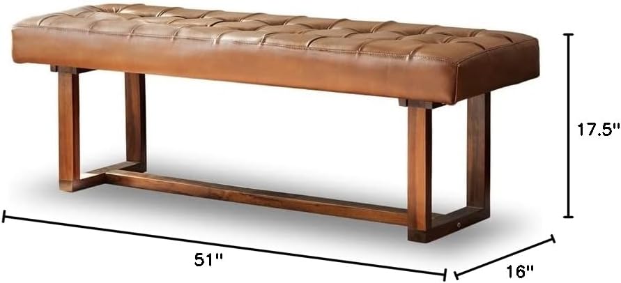 Pemberly Row Mid-Century Modern Genuine Leather Bench, 51 in Wide Teak Wood Base, Tan Brown Upholstery, Rectangular Design, Foam Cushion, Bedroom, Living Room, Dining Room Seating