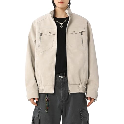 Chaqueta de cuero para hombre con cuello alto para hombre, a la moda, holgada, chaqueta de cuero Y2K de gran tamaño, gris, 3XL