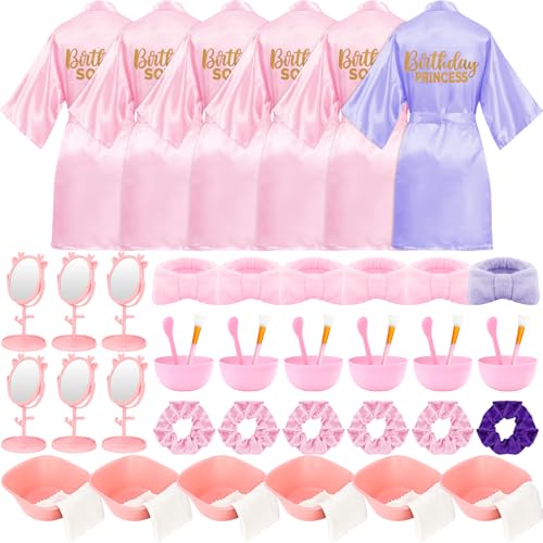 TESIN 6 Set Girls Spa Party Favors Kids Robes and Accessories Kit Supplies for Spa Sleepover Wedding Birthday Slumber Party (UK Numeric 122 Regular Pink Light Purple)