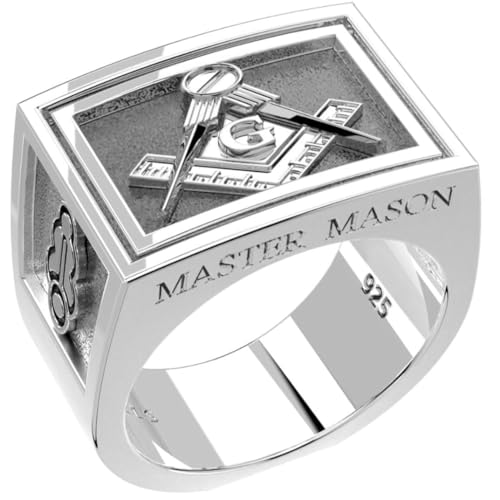 US Jewels Men's Heavy 0.925 Sterling Silver Freemason Master Mason Ring Band, Size 8 to 13