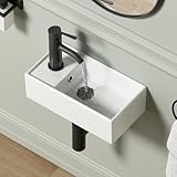 Small Wall Mount Bathroom Vessel Sink, QISHKA 15.5' X 8.5' Rectangular Floating Ceramic Wash Hand Basin- White Wall Hung Vanity Sink with Overflow for Small Bathroom (Left Hand)