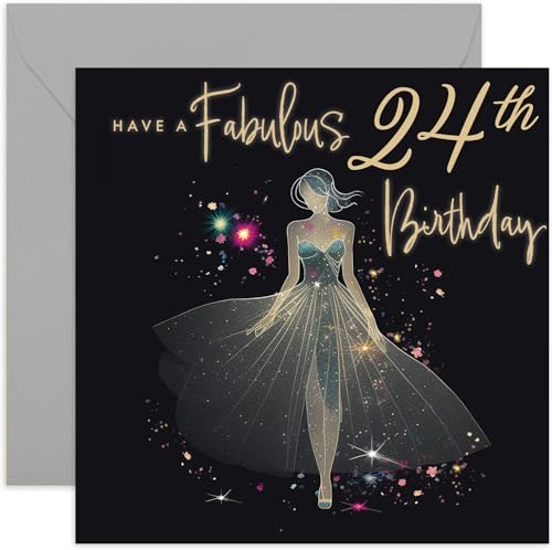 24th Birthday Cards for Women - Age 24 Years Old Fabulous Birthday Card for Her - Gold Glitter Silhouette Dress Design - Sparkle Birthday Card for Daughter, Granddaughter, Niece, Friend