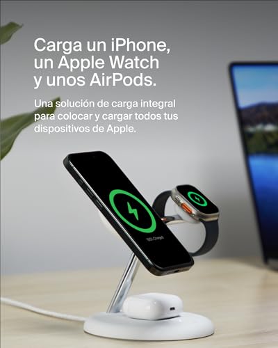 Belkin Soporte de Carga Inalámbrica 3 en 1 con MagSafe, Cargador Magnético Qi2, 15W, Carga Rápida para iPhone 17, Air, Pixelsnap, AirPods, Apple Watch (Fuente de alimentación incluida) - Blanco