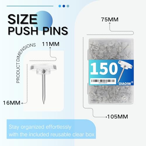 Oiaoiw GZD001 150 Pcs Clear Push Pins Tacks Count In Reusable Box For Bulletin Boards And Wall Displays Heavy Duty Plastic Head thumb #5