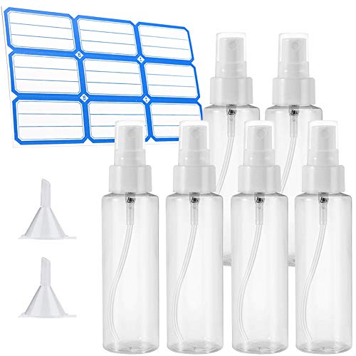 6 Pack Fine Mist Spray Bottles, 3.4oz/100ml Travel Spray Bottle with 2 Funnels & 9 Stickers for Travel Container & Home