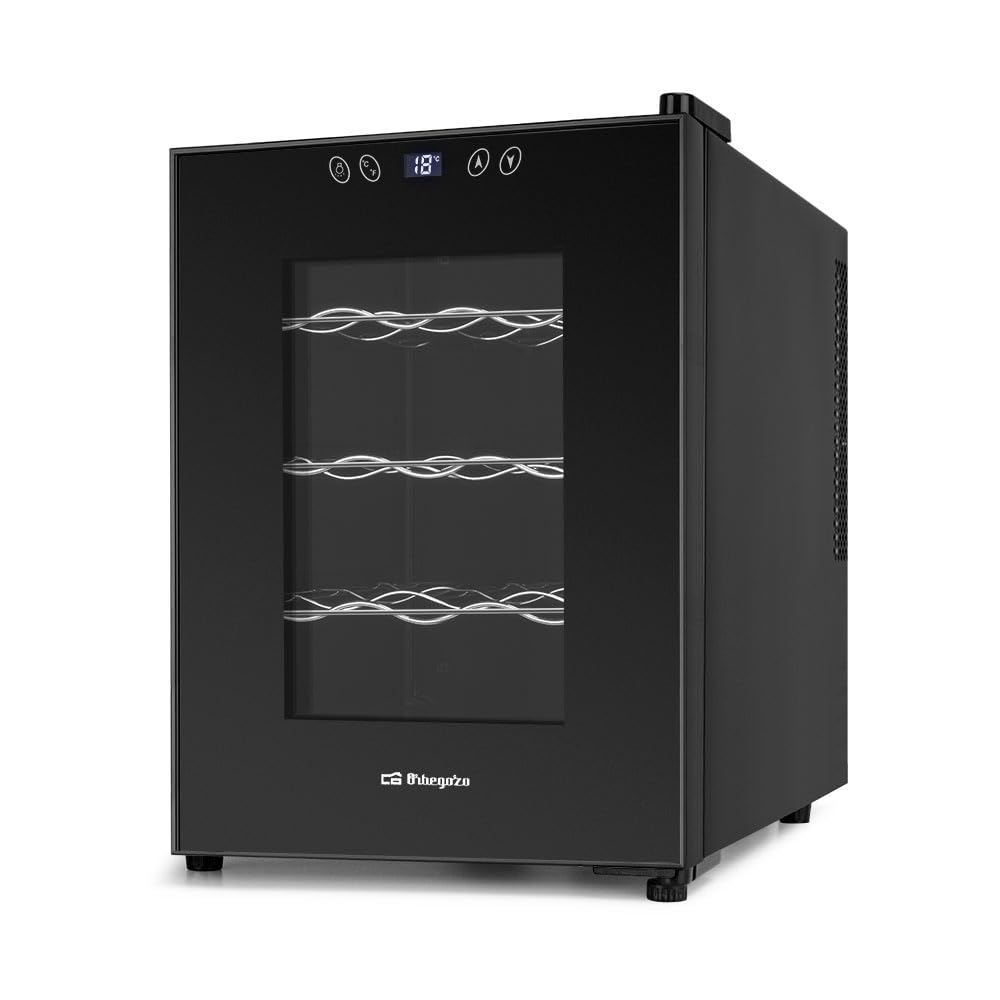 Orbegozo VT 1230 Vinoteca de 12 Botellas Volumen 31 Litros Panel Táctil Pantalla Digital Termostato Regulable 11-18°C Luz LED Interior Silenciosa Estantes Cromados 70W