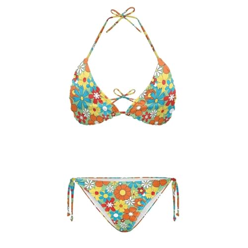 Yewattles Colorful Hippie Flower Triangle Bikini Sets Women Halter String Bikini Set Sexy Two Piece Swimsuits Transparent Straps Bathing Swimwear for SPA Honeymoon Swimming Pool Beach Party