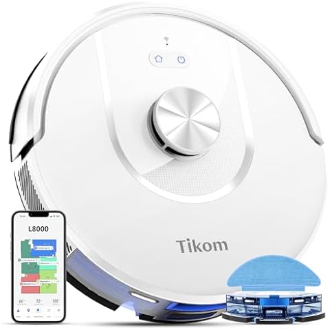 Tikom Robot Vacuum and Mop, L8000 Laser LiDAR Navigation Robotic Vacuum, 150Mins Max, 45dB, 14 No-Go Zones, 20 Virtual Walls, Self-Charging, Good for Pet Hair, Carpet, Hard Floor, White Cover