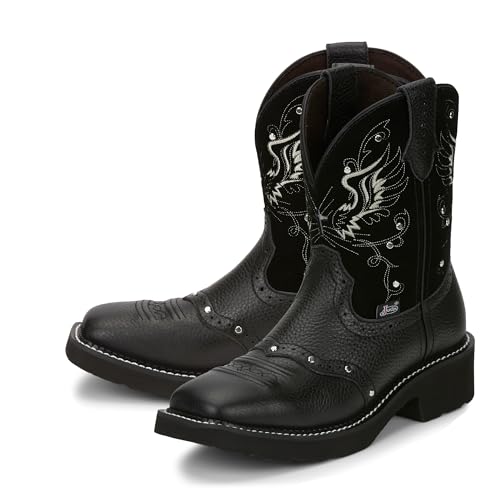 Justin Mandra 8” Western Boots for Women - Durable Cowhide Leather Square Toe Cowgirl Boots with Vivid Stitching, J-Flex Comfort & Non-Slip Outsoles, Black - 6 B