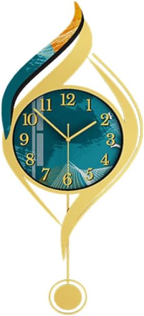 Modern Decorative Wall Clock, Teal and Gold Metal Frame, Silent Sweep Movement, Shatterproof Glass (Model: 13.78 * 33.07 in + White Panel + Light)