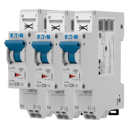 EATON 109131 PLGC4-C20/1N - DISJONCTEUR MODULAIRE PH/N - Blanc - MANETTE BLEUE - 1P+N / 20 A - COURBE C - Raccordement direct sans vis - 3 disjoncteurs