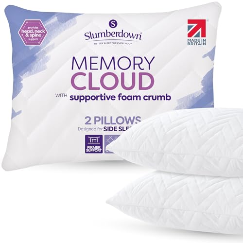 Slumberdown Shredded Memory Foam Pillows 2 Pack - Hotel Quality UK-Made Quilted Bouncy Side Sleeper Pillow for Neck and Shoulder Pain - Soft Touch Premium Cover, Non-Allergenic Bed Pillows (48 x 74cm)