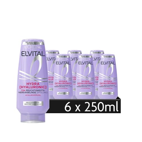 L'Oréal Paris Elvital - Acondicionador hidratante para cabello brillante, con ácido hialurónico, 6 x 250 ml