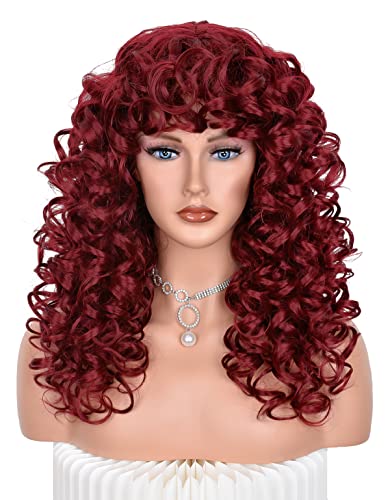 Annivia-X Long Curly Wigs With Bangs For Women Burgundy Kinky Wigs Big Afro Loose Cute Curly Natural Looking Long Vintage Synthetic Wig For Daily Use Party Cosplay（Burgundy 17 Inch） #TOP1