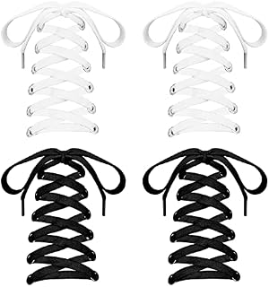 Sibba 12 pcs Flat Shoelaces 8mm Durable Wide Shoe Lace for Sport Trainers Walking Hiking Boots Football Athletic Casual Shoes Replacements Lace for Women Men Adults Children Kids Laces(White & Black)