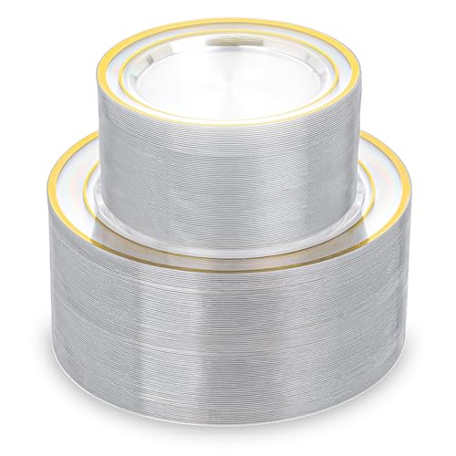 QualQuot 200PCS Clear Plastic Plates with Gold Rim Disposable Heavy Duty Plastic Plate 100 Dinner and 100 Dessert Plates for Party and Wedding