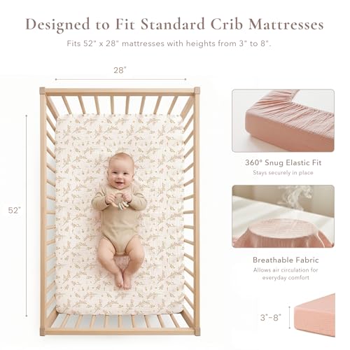 Image of Konssy Muslin Crib Sheets for Girl Boy, 2 PCS Soft and Breathable Cotton Baby Sheets for Standard Crib Mattress, 52 inchx 28 inch (Floral, Pink)