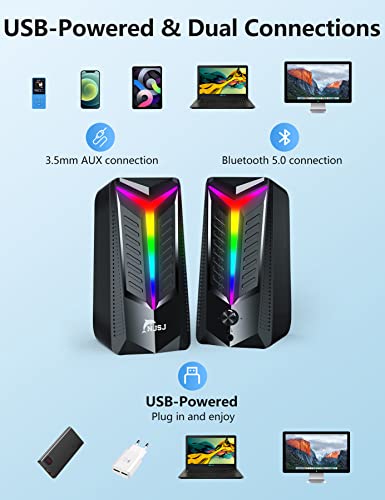 NJSJ Computer Speakers,Bluetooth Speaker 2.0 PC Speakers for Desktop with Dynamic RGB LED Light Up,Wired Gaming Multimedia for PC Laptop Monitors PS5,10W - Image 5