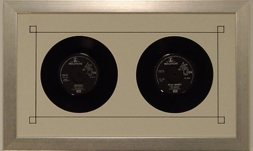 45 Double (6 7/8") Vinyl Record Frame - For Two (2) 45 RPM Records Featuring White (Black Trim) Mat Design and Solid Wood Brushed Silver Finish Frame