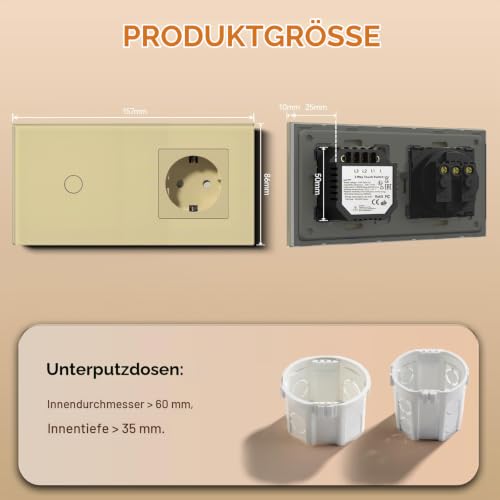 BSEED Touch Lichtschalter mit Steckdose aus Glas, Modern Steckdosen Unterputz, Wandschalter mit LED Hinterlicht (Kein Neutralleiter… – Ansicht 6