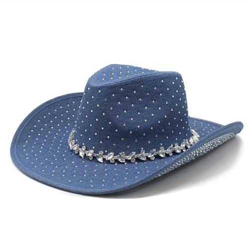 Lifup Glitter Rhinestone Denim Cowboy Hat for Women Man Wide Brim Suede Classic Western Cowgirl Hat for Party Costume Dress Up Blue