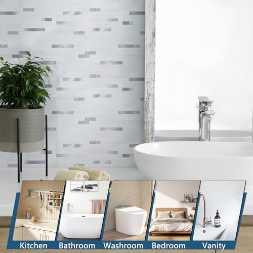 Yipscazo 40 Sheets Peel and Stick Stone Metal Backsplash Tiles, PVC Wall Tiles Stick on Backsplash for Kitchen, Bathroom (6'' X 12'', White with Grey) by Yipscazo - Used condition - Image 4