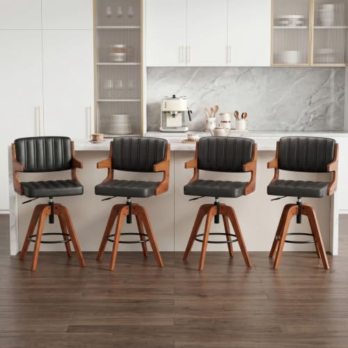 Image of Bar Stools Set of 4, Adjustable Swivel Counter Height Kitchen Island | Set of 4 Mid Century Counter Stools, Swivel Barstools with Back, Faux Leather Upholstered Bar Chair with Arm Back