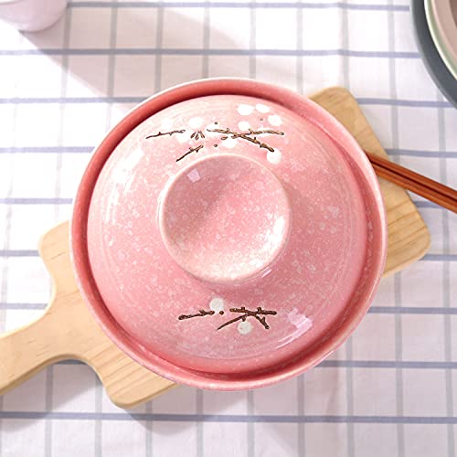 Whjy Japanese Creative Hand-Painted Ceramic Tableware With Lid For Soup And Noodles, With Heat Preservation Function, Integrated Bowl And Lid - Pink #TOP2