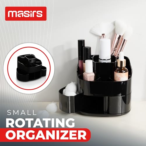 Image of Masirs 360 Rotating Makeup Organizer for Vanity - Small Acrylic Cosmetic Storage Caddy with 5 Compartments, Mini Lazy Susan Turntable for Bathroom Counter, Skincare, Perfume, Brushes, Black