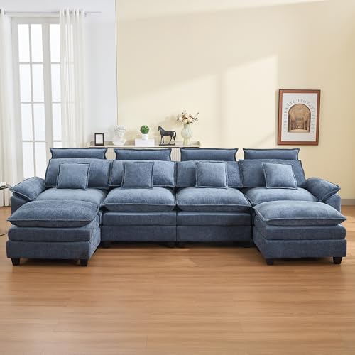 Image of 134'' Cloud Modern 4 Seater Couch with Detachable Headrest, Modular Sectional Sofa with 2 Ottoman, Oversized U Shape Chenille Comfy Sofa with Armrests for Living Room, Blue