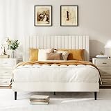 Elyveont Full Size Platform Bed Frame with Adjustable Headboard, Velvet Upholstered Bed Frames 6.3'' Underbed Spaces, Mattress Foundation with Wooden Slats Support, Easy Assembly, Beige