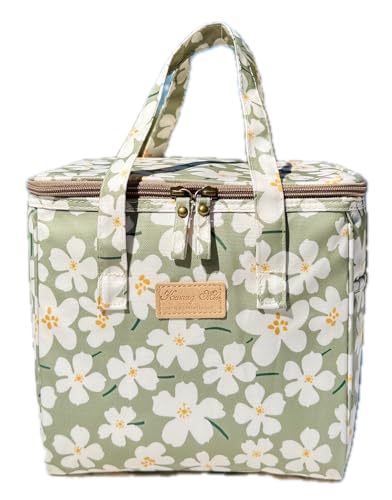 Kwang Min Floral Insulated Lunch Bag for Women,Reusable Lunch Box,Large Cooler for Office,Picnic Outdoors,Premium Quality Waterproof Fabric,Ideal Gift for Outdoors and work (Green Cosmo)