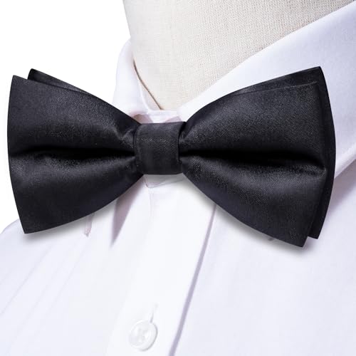 Image of Hi-Tie Pre-Tied Bowties for Men Silk Bow Ties and Pocket Square Cufflinks Set Mens Wedding Party Formal,Black