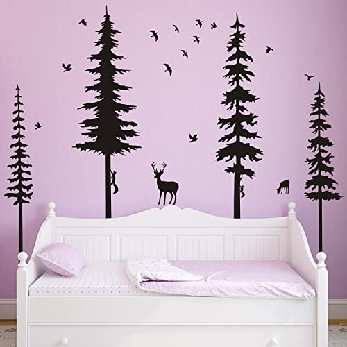 Pine Tree Wall Decals Woodland Vinyl Wall Sticker Forest Wall Decals With Animal Wall Stickers Squirrels Deers Wall Stickers For Kids Nursery Children Room Living Room Wall Decoration (Black) #TOP6